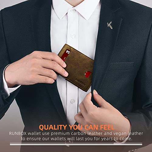 RUNBOX Slim Wallet for Men - RFID Blocking Leather Bifold with Money Clip | Minimalist Front Pocket Wallet Holds 11 Cards,Slim Thin Design,RFID Blocking Protection, Practical Birthday Gifts for Men - color: Crazy Horse Brown