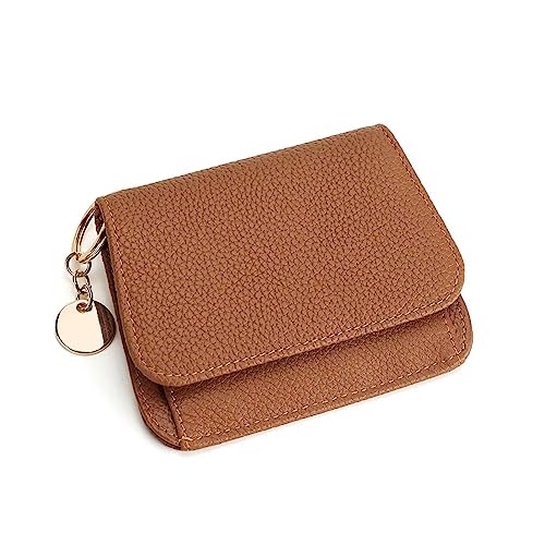 Mudono Small Wallet for Women RFID Blocking Genuine Leather Card Case Slim Tri-Fold Wallet with Zipper Pocket and Keychain - color: Brown