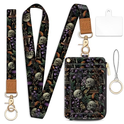 Lanyard Wallet with Id Badge Holder Goth Keychain for Card Women - color: Goth Skull