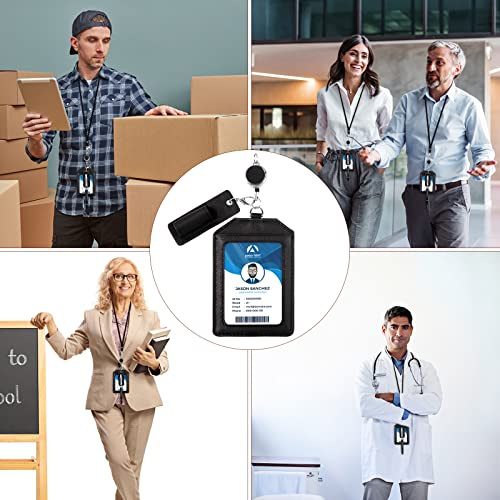 Office Badge Holder - Boshiho Genuine Leather Credit ID Card Holder with Stretch Neck Lanyard Vertical Style (Black) - color: Black