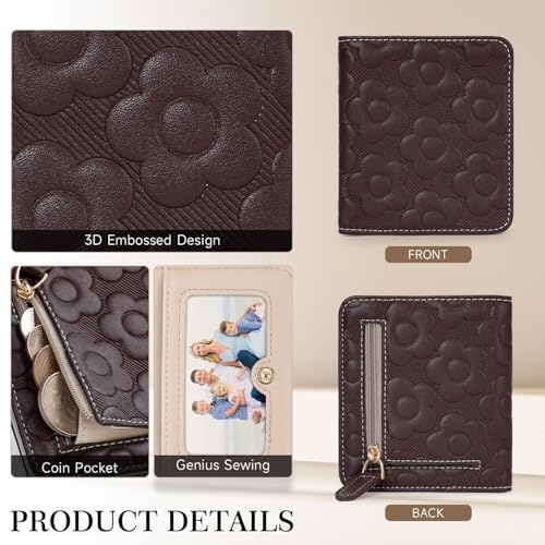 Small Wallet Women Slim RFID Leather Bifold Wallet Embossed Design | Compact design with ID window, card slots, and zipper coin pocket, ideal for daily travel, shopping, and gifts - color: 08-Coffee