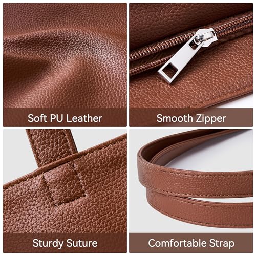 WLLWOO Soft Vegan Leather Tote Bag for Women Large Hobo Zipper Purse | Casual Shoulder Handbags Carryall for Work Daily Weekender Travel Commute - color: Brown