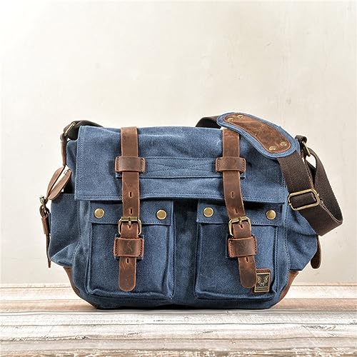 Canvas Messenger Bag, Vintage Genuine Leather Shoulder Bag, Briefcase Crossbody Satchel Purse Laptop Bag Medium | Vintage - color: Blue