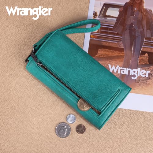 Montana West X Wrangler Womens Wallet Large Capacity Long Compact | Wrist Wallets for Women Ladies Female Card Cases Money Organizers Trifold Clutch with Rfid Lining and Wrist Strap Turquoise - color: Trifold-Turquoise