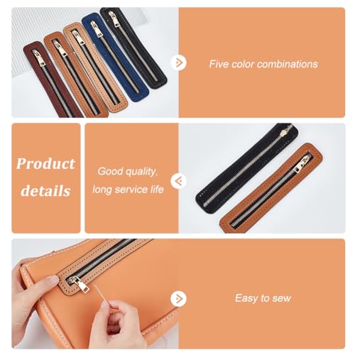 WADORN 5 Colors PU Leather Zipper 7 Inch/18cm Durable Leather Zipper Frame | Handmade Sewing Zippers with Pre-Cut Holes, DIY Crochet Purse Bag Zippers for DIY Bag Clothing Backpack Sewing Repair