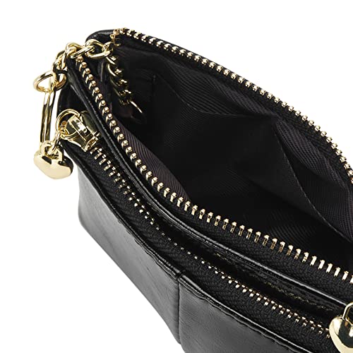 Women PU Leather Zip Mini Coin Purse With Key Ring Triple Zipper Card Holder Wallet(Black) - color: Black