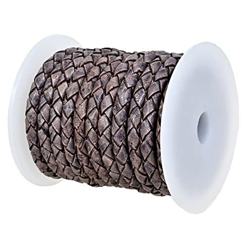 GENIQUE Real/Genuine Round Braided Leather Cord String Rope Folded, Leather Rope for Crafts, Jewelry Making, Necklace, Bracelets (5 Metres) (5mm, Grey Distressed) - color: Grey Distressed, size: 5mm