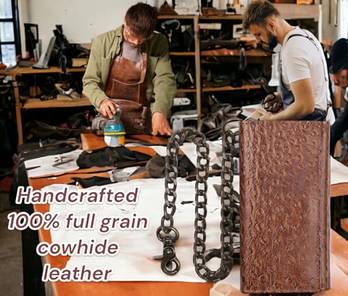 F&L CLASSIC RFID Blocking Mens Tri-fold Long Style buffalo crazy horse Leather Steel Chain Wallet,ostrich print brown,212-51 - color: ostrich print brown