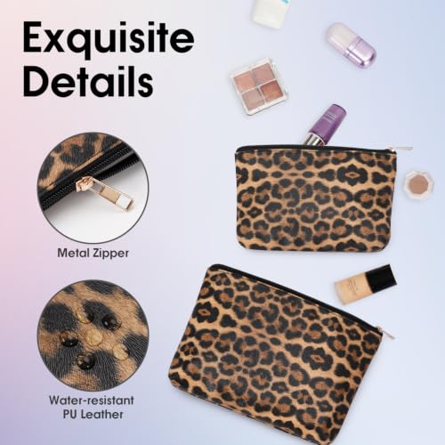 Wandering Nature Small Makeup Bag, 2 Pack, Brown Leopard Print | Vegan Leather, Zipper Closure, Travel Pouch, for Purse, Cute, For Women - color: Brown Leopard Print