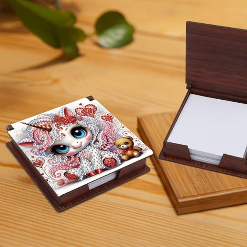 JZHYOAN Diamond Art Note Box for Woman, DIY Wooden Reusable Portable Office Holder Box, Message Paper Mosaic Storage Box for Bedroom Living Room-Unicorn-Contains 160 Sheets of Paper Note Holder