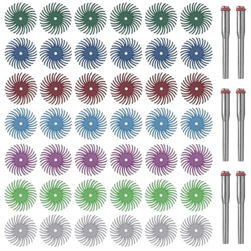 42pcs 1" Radial Bristle Disc Kit with 1/8" Shank for Rotary Tool Mixed Grit 80/120/220/400/600/1000/2500 Abrasive Brush Gap Polishing Pad Buffing Wheel for Jewelry Wood Metal Polishing