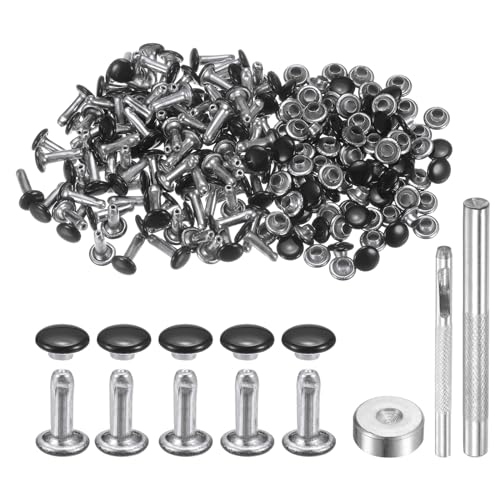 HARFINGTON 100 Sets Leather Rivets 6mm x 10mm Metal Double Cap Rivet Snaps Studs Fasteners with 3pcs Setting Tools Rivets for Leather Craft DIY Repair Decoration, Brilliant Black - color: Brilliant Black, size: 6mm x 10mm