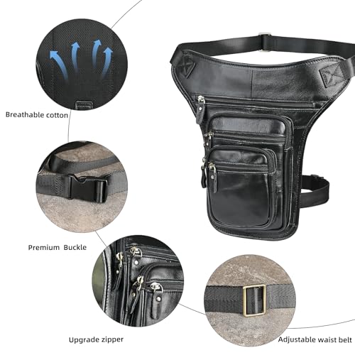 Water Resistant Canvas + Leather Motorcycle Travel Fanny Waist Pack Drop Thigh Leg Bag Pouch For Men Women FB913-5 - color: Genuine Leather-3111 Black
