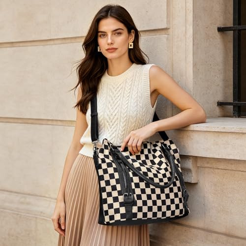 Checkered Tote Bag Large Checkered Purses for Women Plaid Hobo Shoulder Bag Multiple Pockets Tote Handbags - color: A02-black