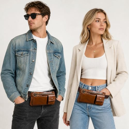 Water Resistant Canvas + Leather Hiking Riding Travel Fanny Waist Pack Small Phone Pouch For Men Women FB811-29 (100% Leather-C-Wine) - color: 100% Leather-C-Wine