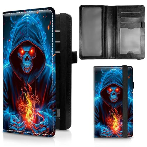 Check Book Cover for Personal Checkbook, Leather Business Checkbooks Plastic Insert Flap Card Holder Pen Hoop Holder with RFID Blocking Slim Wallet for Women Men, Blue Flame Skull - color: Blue Flame Skull