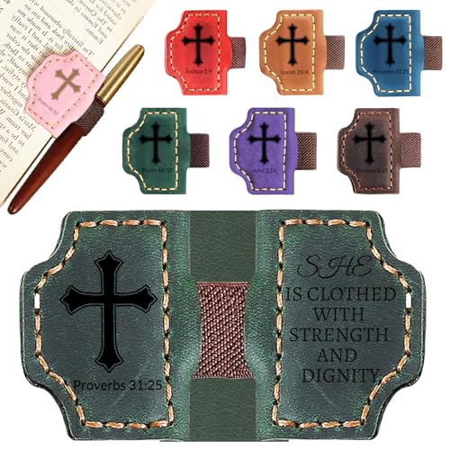 Personalized Leather Bookmark with Pen Holder - Magnetic Bible Verse Design, Christian Book Lovers Reading Accessory, for Book Lovers Men Women (Green, Proverbs 31:25) - color: Green, size: Proverbs 31:25