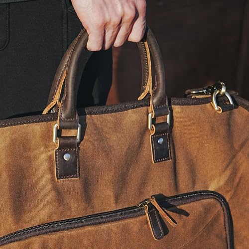 Polare Waxed Canvas Full Grain Leather Trim Garment Carry On Bag for Travel, Foldable Hanging Suitcase Weekender Dust-Proof Garment Waterproof Cover with YKK Zipper and Adjustable Strap - color: Brown