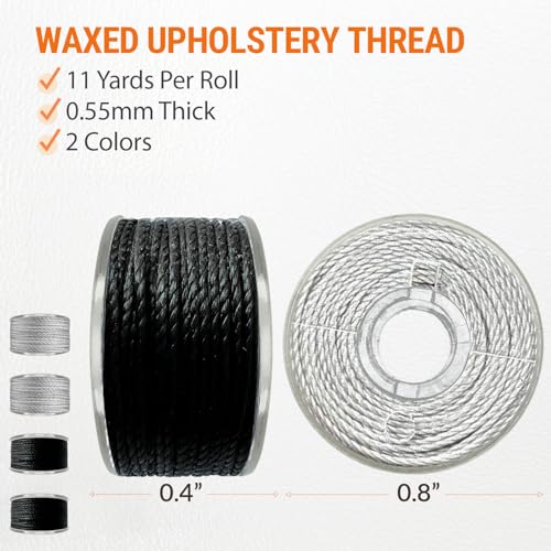 VONEEDL Heavy Duty Sewing Needles (11 PCS) & Waxed Thread (2 Black and 2 Grey Colors) - Upholstery Repair Kit for Leather, Canvas, Quilting & More - size: 11 Needles + 4 Brown Thread Rolls