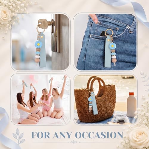 Wavyknot 12 Pack Daisy and PU Leather Beadable Keychain Bars Bulk Laser Engraving Blanks Keychain Kit for DIY Crafts Jewelry(Blue,Rectangle) - color: Blue, style: Rectangle