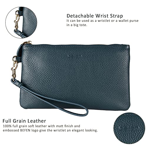 befen Genuine Leather Wristlet Clutch RFID Blocking Bag Cell Phone Purse | Cell Phone Wristlet Clutch for Women, Small Wallet Purses with RFID Blocking Card Slots - color: Dark Teal Blue