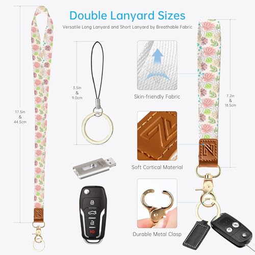 2-in-1 ID Badge Holder & Lanyard Wallet，Cute Zippered Pouch Flowers | for Teachers,Nurse,Professionals，Removable Wristlet & Neck Lanyard,5 Card Slots Stylish Work Essential - color: Flowers