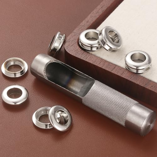 4 Sets Brass Grommets Kit Eyelets and Grommets 11mm Inside Hole Size with 16mm Leather Hole Punch Tool Handbag Purse Hardware Screw Grommets for Repair and Making Leather Crafts (Silver) - color: Silver