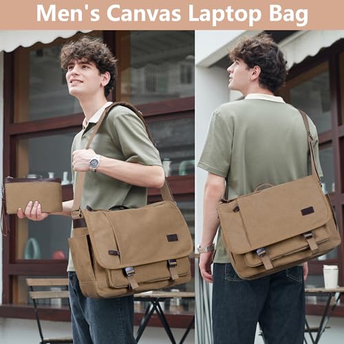 Nerlion Messenger Bag for Men 17-17.3 Inch Laptop Bag Canvas Water-resistant Computer Bag Shoulder Bag Work Briefcase Bookbag for College (Brown) - color: Brown