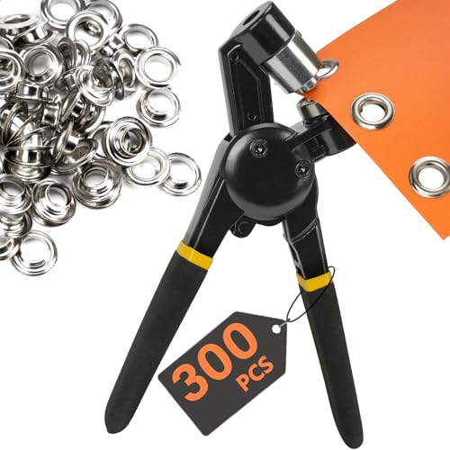 Heavy Duty Grommet Tool Kit with Pliers, 10mm Metal Eyelets Tool Set with Hole Punch, 300pcs Silver Grommets, Leather Canvas Fabric Repair Kit for Tarps, Bags, Crafts, Clothes, DIY Projects - size: 3/8‘’