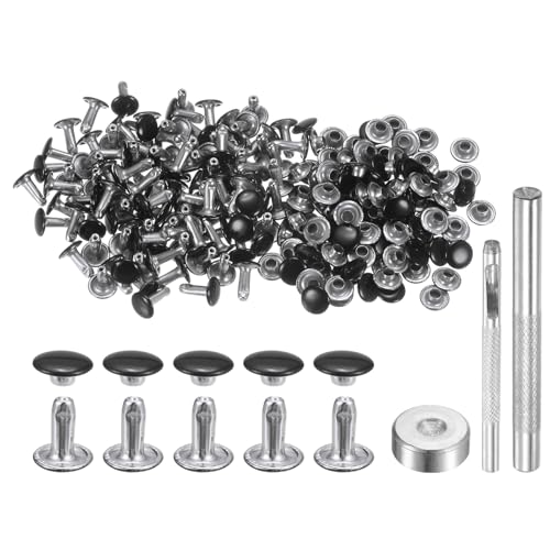 HARFINGTON 100 Sets Leather Rivets 8mm x 10mm Metal Double Cap Rivet Snaps Studs Fasteners with 3pcs Setting Tools Rivets for Leather Craft DIY Repair Decoration, Brilliant Black - color: Brilliant Black, size: 8mm x 10mm