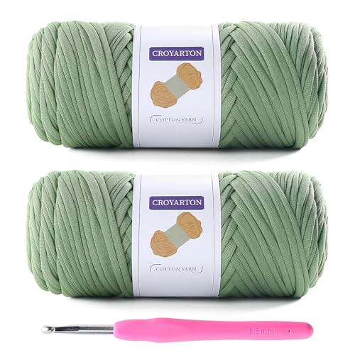 2 Pack T Shirt Yarn for Crocheting with 1 Crochet Hook, Elastic Tshirt Yarn for Crochet Bag/Baskets/Home Decor, Spaghetti Yarn Thick Knitting Yarn Total Length 130 Yds, Weight 14 Oz (Avocado Green) - color: Avocado Green