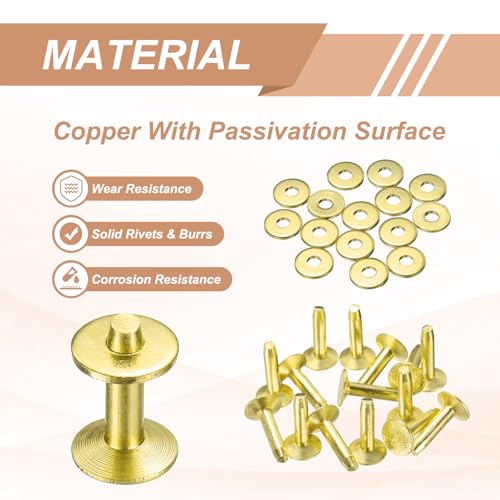 HARFINGTON 15Set Brass Rivets and Burrs Washers 9x3.3x14mm Dimpled Finish Solid Leather Rivet Fastener Studs Posts for Leather DIY Craft Belts Wallets Collars, Gold Yellow - color: Gold Yellow, size: 9x3.3x14mm