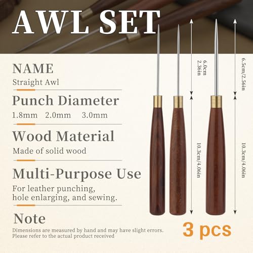 Diudus 3 Sizes Sewing Awl Tool, Leather Sewing Awl with Wooden Handle - color: 3 Pack Wood Color (Different Sizes)