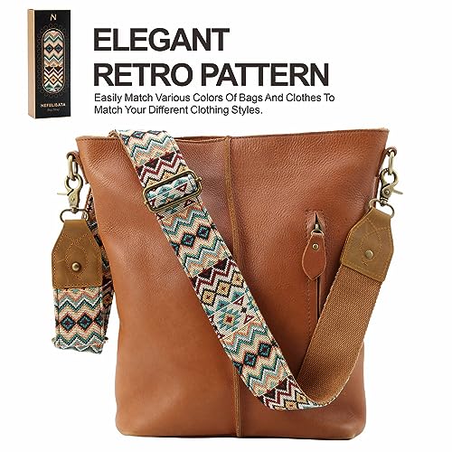 Nefelibata Purse Strap-2" Crazy Horse Leather Wide Shoulder Strap Adjustable Replacement,Retro Jacquard Embroidery Multi-pattern Crossbody Bag Straps for Handbag,Crossbody Bags(Ethnic style apricot) - color: Ethnic Style Apricot