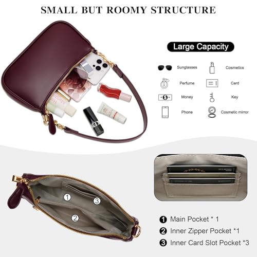 KKXIU Small Black Purse for Women, Cute Mini Shoulder Bag Zipper Closure | 2 Removable Straps, Retro Underarm Bags, Classic Crossbody Bag, Handbag for Women - color: Wine
