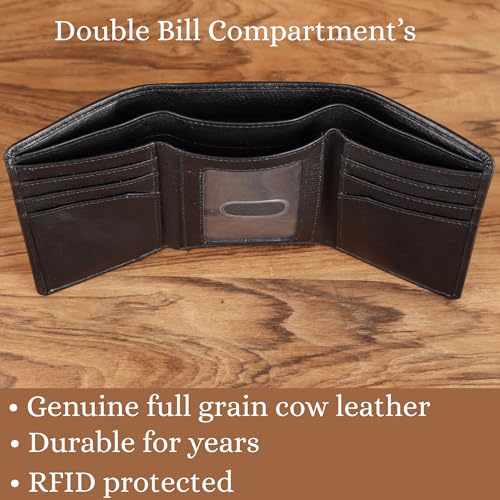 Wild Wolf Black Trifold Wallet for Men – Full-Grain Nappa Leather, RFID Blocking, Unique Embossed Design, Gift for Husband, Dad, or Boyfriend - style: Wild Wolf