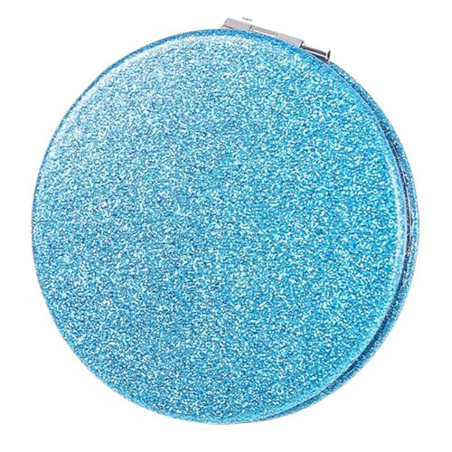 Cute Blue Compact Mirror for Women,Magnifying Travel Mirror with Glitter,Leather Small Pocket Mirror,Portable 2 x 1x Magnification Folding Makeup Mirror,Cosmetic Mirror for Gift - color: Blue-round