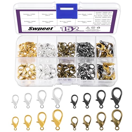 Swpeet 152Pcs 12-18mm Length 4 Sizes Lobster Clasps Mixed Colors Kit, Jewelry Clasp Connectors End Chain Clasps for DIY Jewelry Making Accessories Handmade Necklace Bracelet Fastener Hook - color: Assortment Kit
