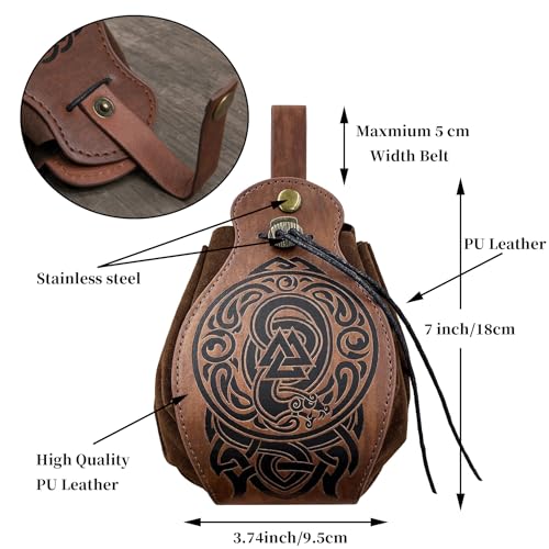 Embossed Nidhogg Valknut Leather Drawstring Belt Pouch Men Women | Portable Waist Pack,Retro Medieval Viking Knight Look,Multifunctional Bag,Ideal LARP Party Halloween Cosplay Wear,Gift,Brown - color: Nordic Nidhogg Valknut Belt Pouch- Brown