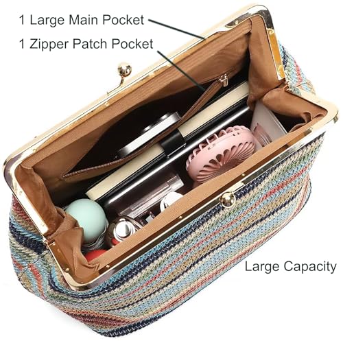 Kiss Lock Frame Handbag, PU Leather Shoulder Tote Bag Messenger Hobo Clutch Purse for Women Formal Work Leisure - color: Straw Apricot