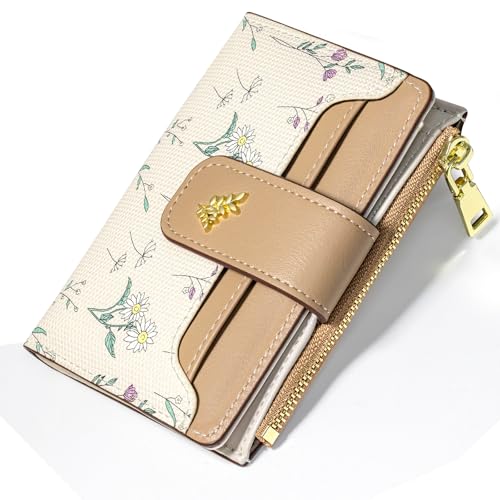 YINHEXI Women’s Wallet, Compact and Small Bifold PU Leather Card Holder, Mini Purse with Coin Pocket for Ladies, Girls (Floral Kahki) - color: Floral Kahki