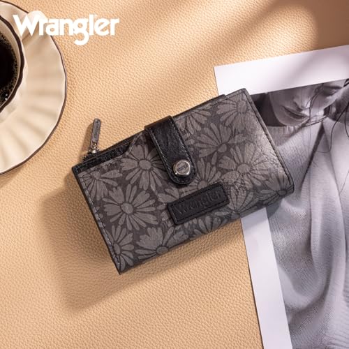 Wrangler Wallet for Women Bifold Card Holder with Zipper and ID Window - color: Sunflower-Black
