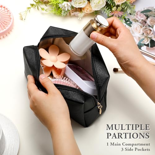 Kigeli Leather Makeup Bag PU Leather Cosmetic Pouch Wide-open Waterproof Toiletry Organizer with Dividers Travel Bag Birthday Valentine's Day Gifts for Women Friend Sister Daughter BFF(Black) - color: Black