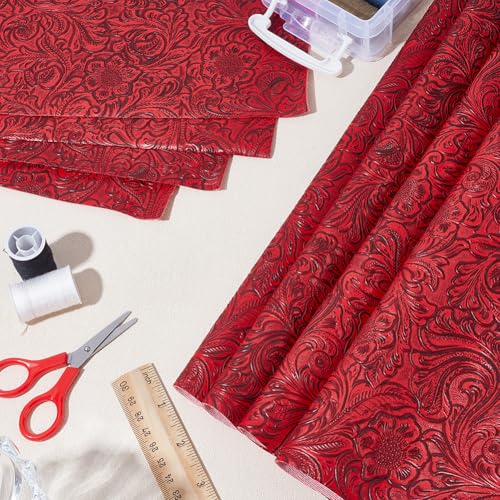 1 Yard 55" Bump Texture Vintage Floral Leather Sheet Embossed Faux Leather Fabric Dark Red Phoenix Pattern Embossed Fabric for DIY Furniture Seat Handmade Earrings Making Crafts - color: Red