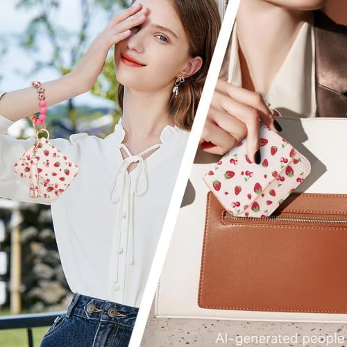 Keychain Wallet for Women,RFID Wristlet Wallet with Beaded Strap | Tri-Fold Design,6 Card Slots,ID Window,Zipper Coin Pocket,Lightweight Carry - color: Strawberry
