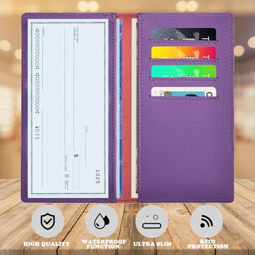 Checkbook Covers for Personal Duplicate Checks, Genuine Leather Checkbooks Register Cover Holder Wallets for Women & Men (Purple) - color: Purple