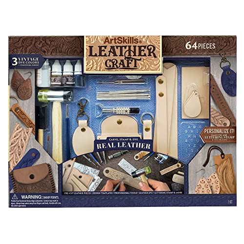 ArtSkills Leather Working Kit for Beginners with Tools, Dyes, and Stamps | 64pc Leather Craft Kit - Gift for Teens and Adults