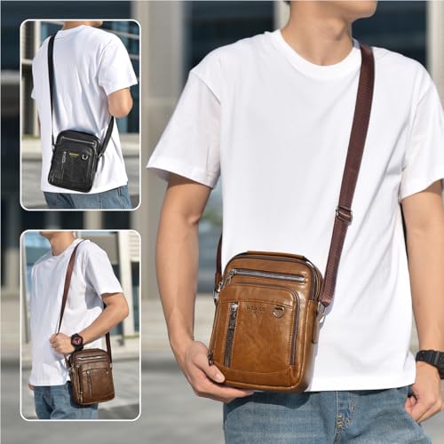 Messenger Bag for Men Crossbody Shoulder Purse Small Vintage PU Leather Satchel Pouch Side Crossover Handbag - color: Messenger Bag for Brown