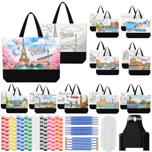 Atellya 70 pcs (10 Set) Pre Drawn Canvas Bags Set Paint and Sip Kit for Adults Painting, Paint and Sip Kit for Adults, DIY Party Women, DIY Crafts for Adults, DIY Large Tote Bags Making Kit