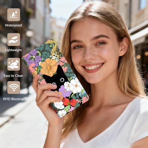 Womens Wallet, Rfid Wallets for Women,Slim Thin Credit Card Holder Organizer Purse,PU Leather Cute Long Bifold Clutch Cash Wallet with Zipper Coin Pocket,Ladies Gift,Flowers and Cats 1 - color: Flowers and Cats 1